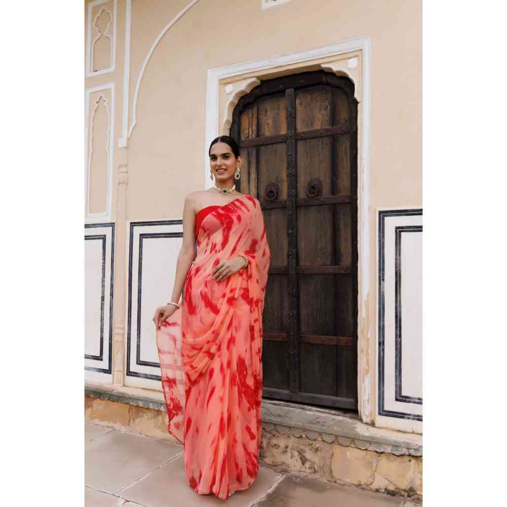 Geroo Jaipur Peach-Red Hand Dyed Shibori Bandhani Chiffon Saree with Unstitched Blouse