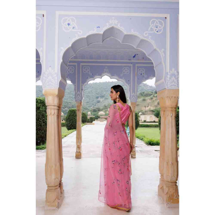 Geroo Jaipur Pink Hand Painted Floral Chiffon Saree with Unstitched Blouse