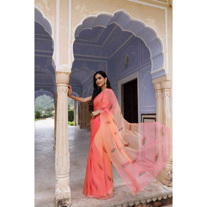 Geroo Jaipur Peach Shaded Hand Painted Floral Chiffon Saree with Unstitched Blouse