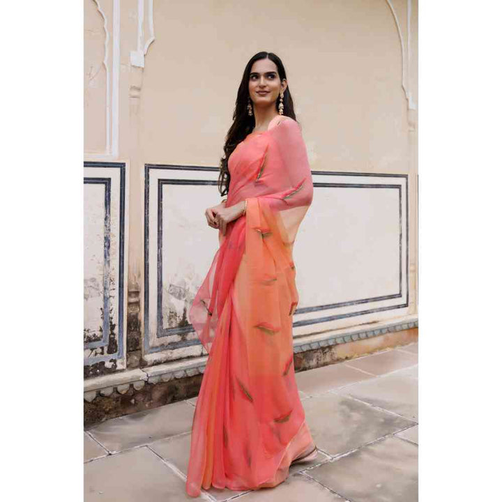 Geroo Jaipur Peach Shaded Hand Painted Floral Chiffon Saree with Unstitched Blouse