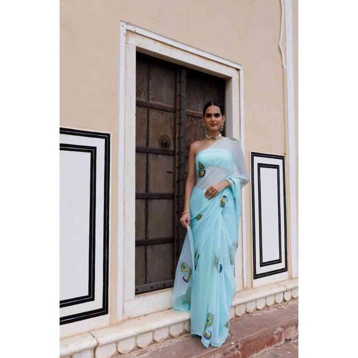 Geroo Jaipur Blue Shaded Hand Painted Floral Chiffon Saree with Unstitched Blouse