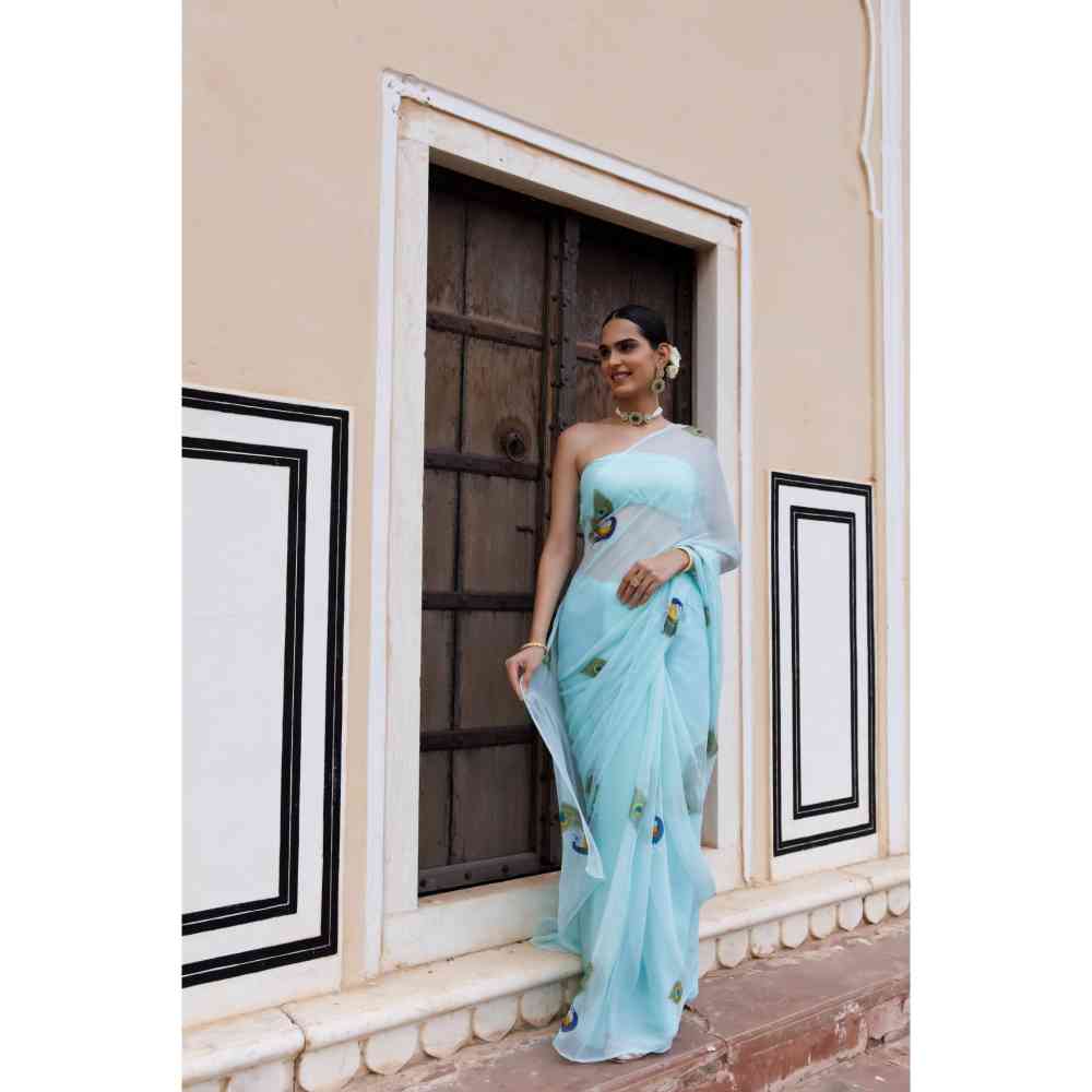 Geroo Jaipur Blue Shaded Hand Painted Floral Chiffon Saree with Unstitched Blouse