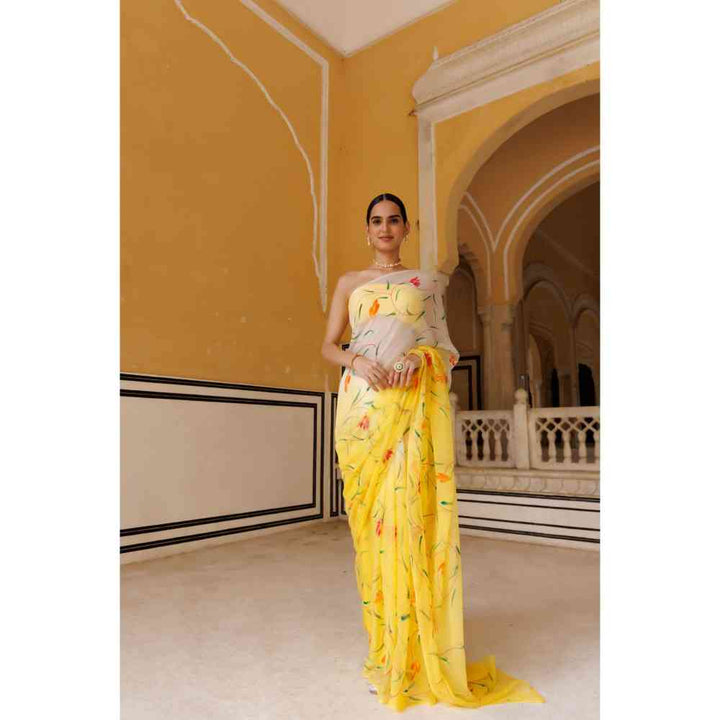 Geroo Jaipur Yellow-White Shaded Hand Painted Floral Chiffon Saree with Unstitched Blouse