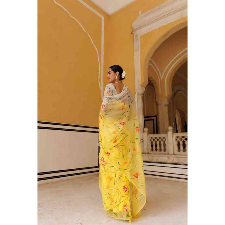 Geroo Jaipur Yellow-White Shaded Hand Painted Floral Chiffon Saree with Unstitched Blouse