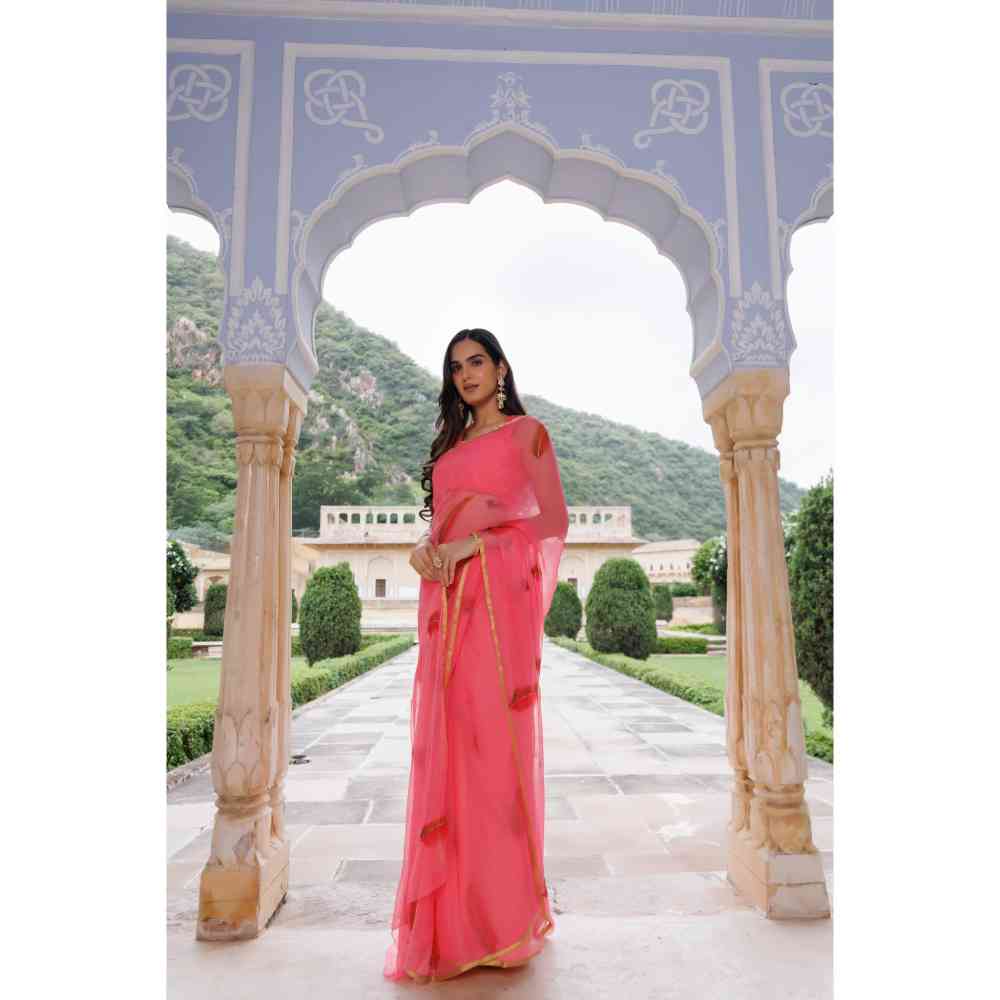 Geroo Jaipur Pink Hand Painted Floral Chiffon Saree with Unstitched Blouse