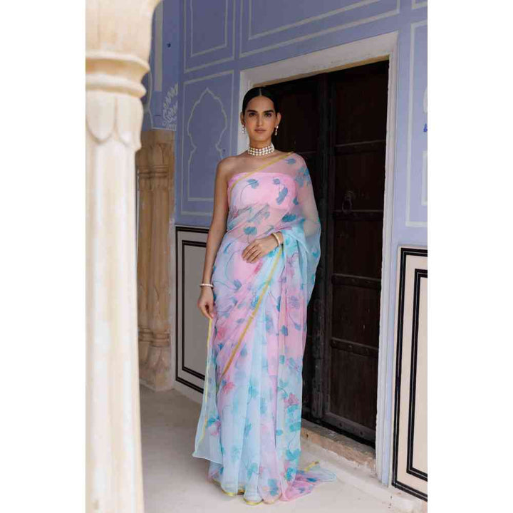 Geroo Jaipur Blue-Pink Shaded Hand Painted Floral Chiffon Saree with Unstitched Blouse