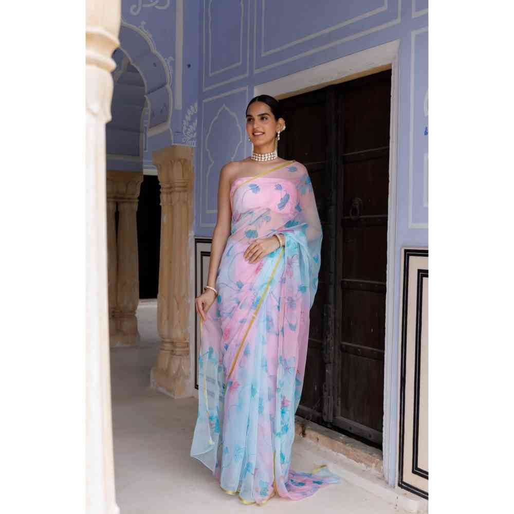 Geroo Jaipur Blue-Pink Shaded Hand Painted Floral Chiffon Saree with Unstitched Blouse