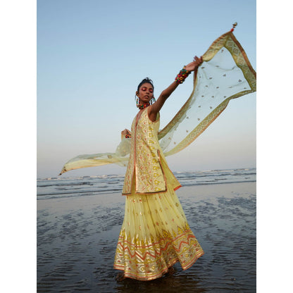 Gopi Vaid Yellow Farah Sleeveless Sharara (Set of 3)