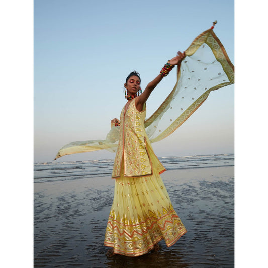 Gopi Vaid Yellow Farah Sleeveless Sharara (Set of 3)