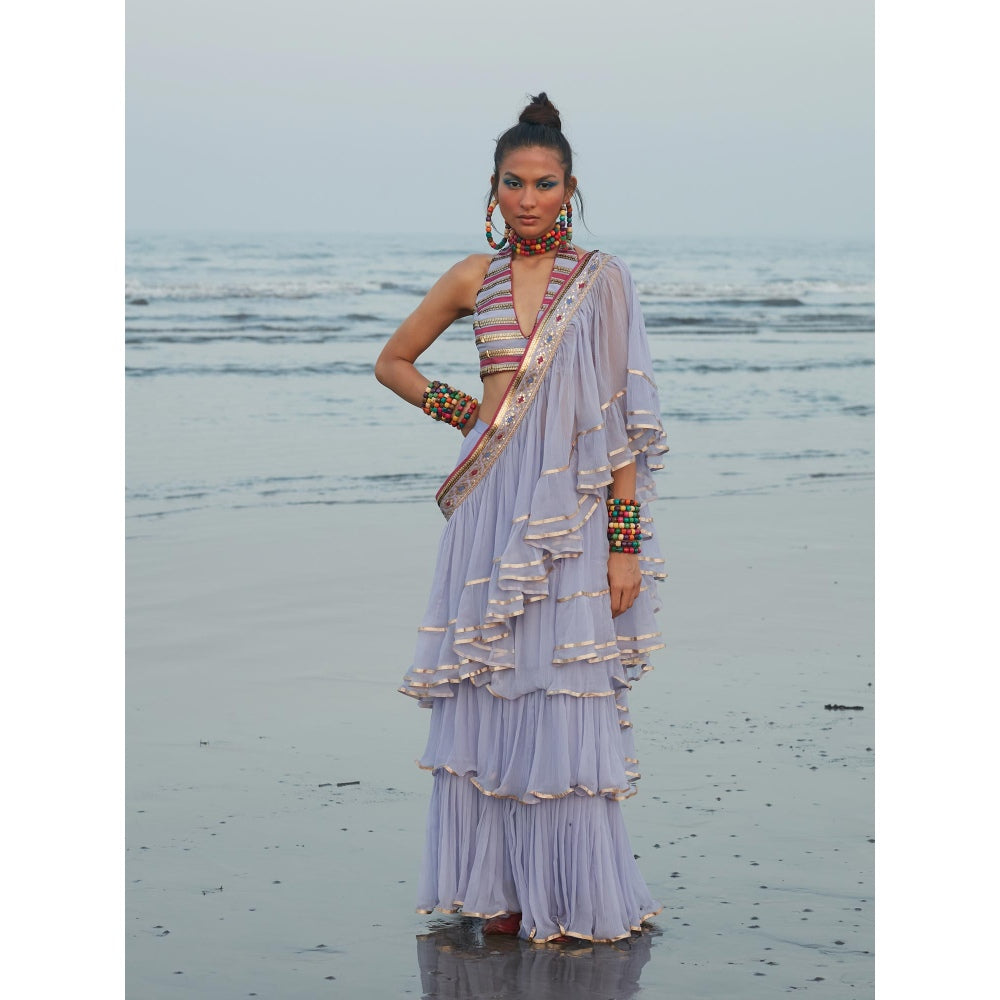 Gopi Vaid Lilac Idris Frill Saree with Stitched Blouse