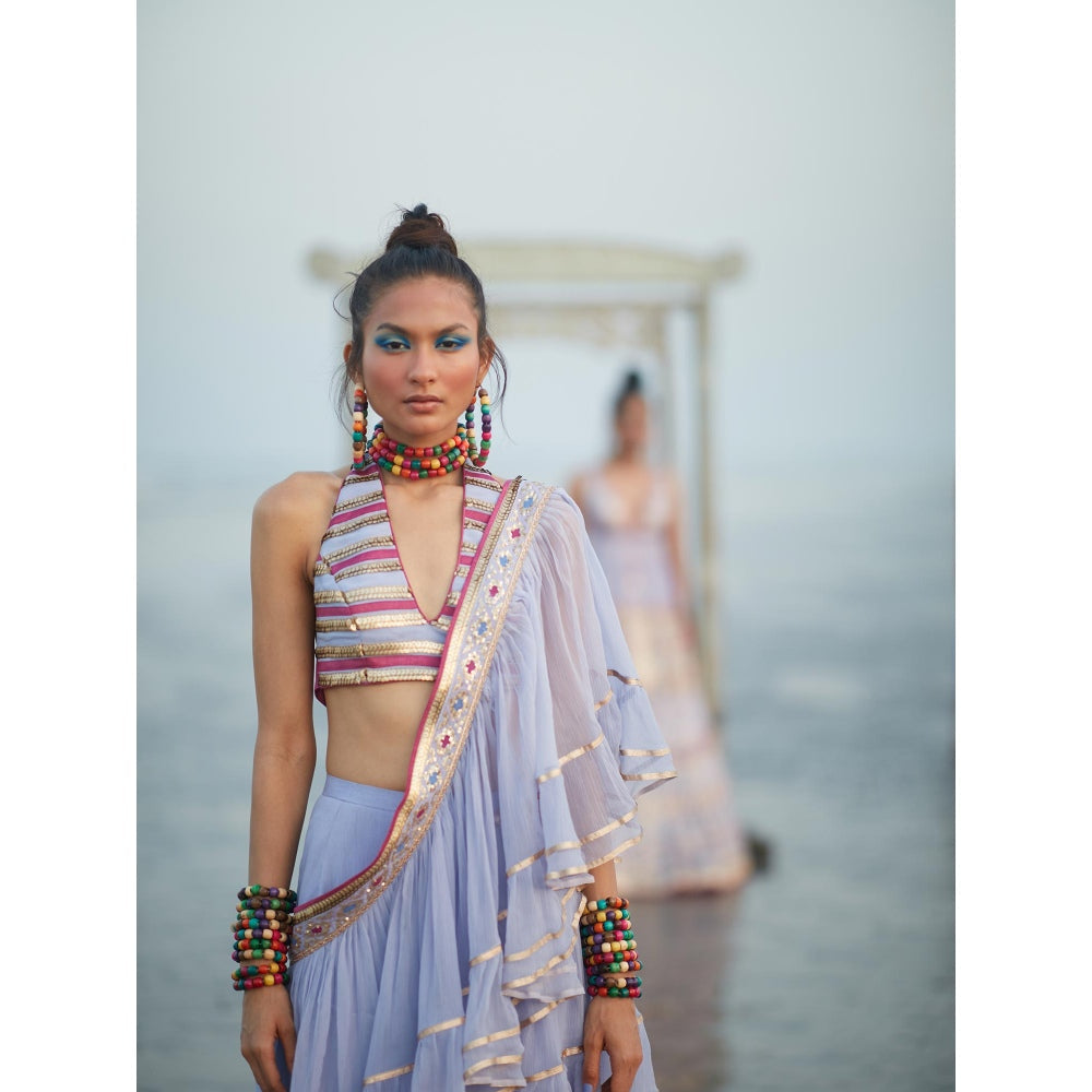 Gopi Vaid Lilac Idris Frill Saree with Stitched Blouse