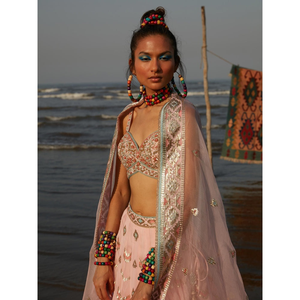 Gopi Vaid Pink Layla Panelled Lehenga Cape (Set of 3)