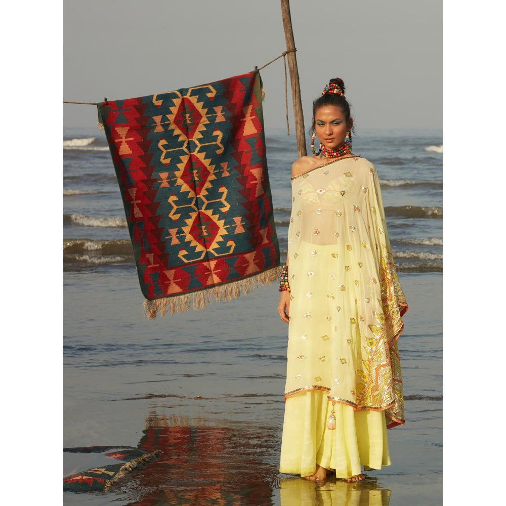 Gopi Vaid Yellow Mariya One Shoulder Dress with Pant and Bustier (Set of 3)