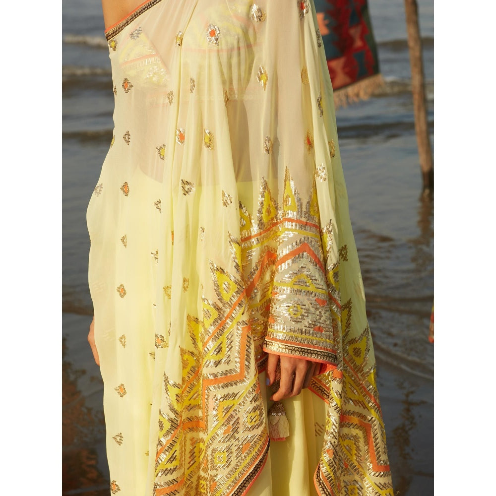 Gopi Vaid Yellow Mariya One Shoulder Dress with Pant and Bustier (Set of 3)