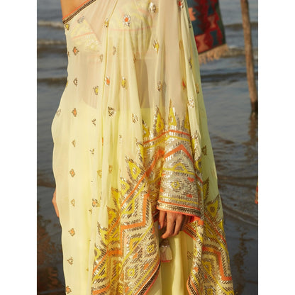 Gopi Vaid Yellow Mariya One Shoulder Dress with Pant and Bustier (Set of 3)