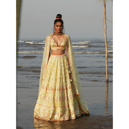 Gopi Vaid Yellow Alia Kali Lehenga (Set of 3)