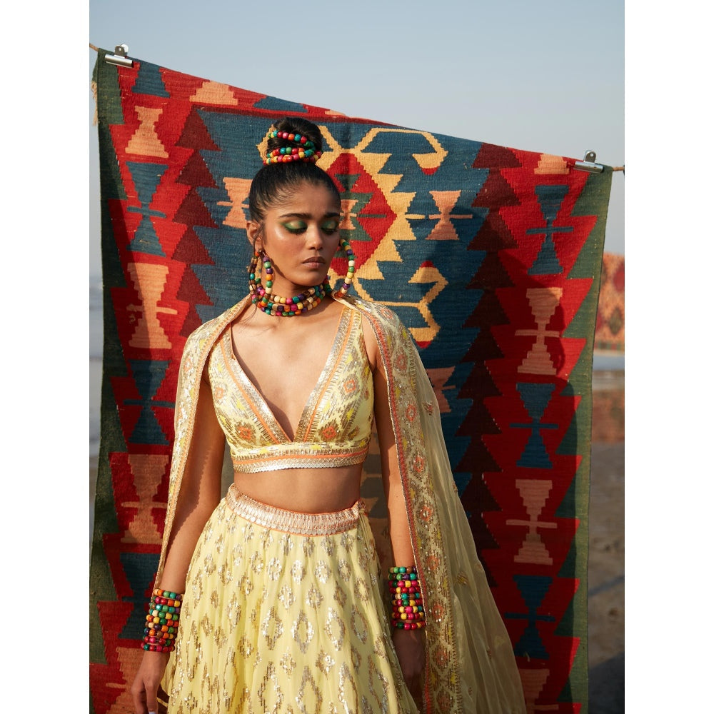 Gopi Vaid Yellow Alia Kali Lehenga (Set of 3)