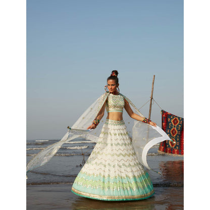 Gopi Vaid Ivory Sofia Zig-Zag Lehenga (Set of 3)