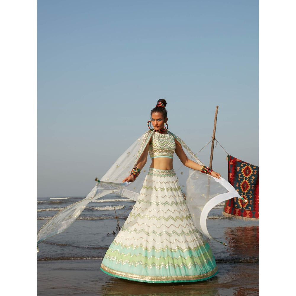 Gopi Vaid Ivory Sofia Zig-Zag Lehenga (Set of 3)