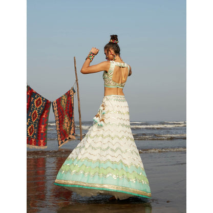 Gopi Vaid Ivory Sofia Zig-Zag Lehenga (Set of 3)