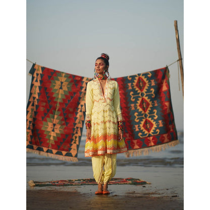 Gopi Vaid Yellow Naima Zig-Zag Dhoti (Set of 2)