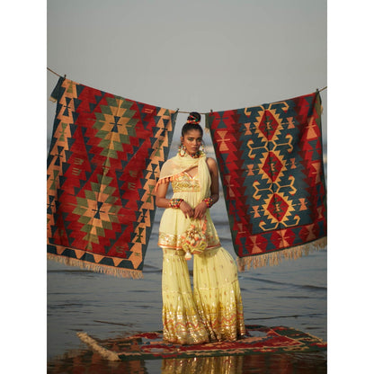 Gopi Vaid Yellow Nadia Peplum Sharara (Set of 3)