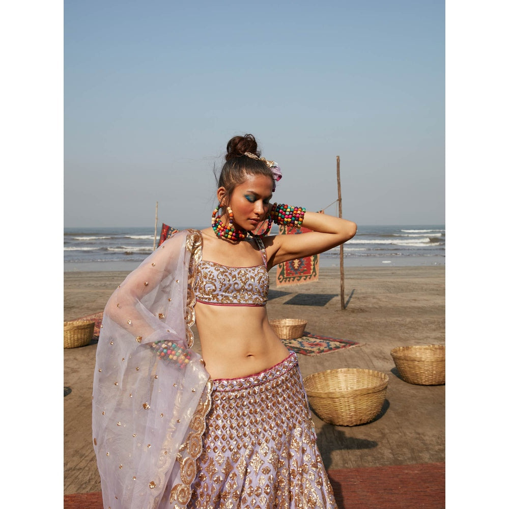 Gopi Vaid Lilac Meknis Sequin Lehenga (Set of 3)