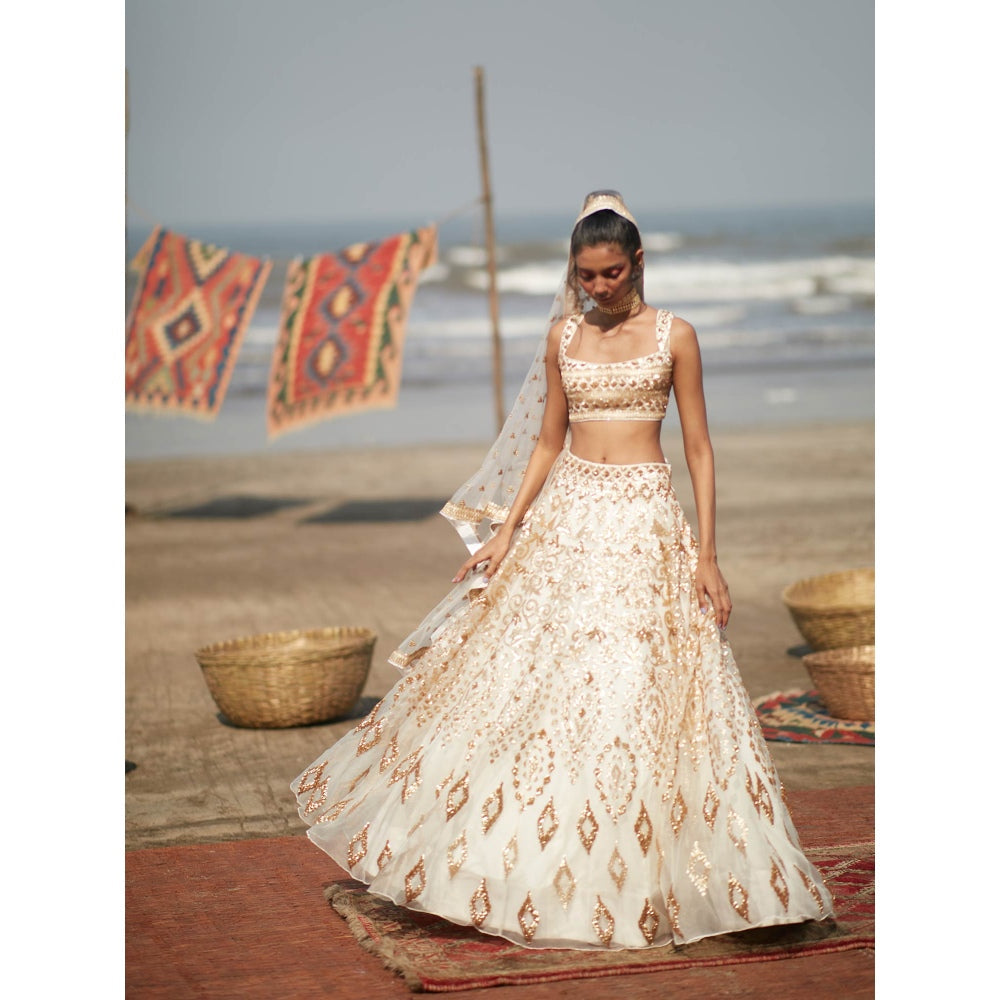 Gopi Vaid Ivory Aslif Sequin Lehenga (Set of 3)
