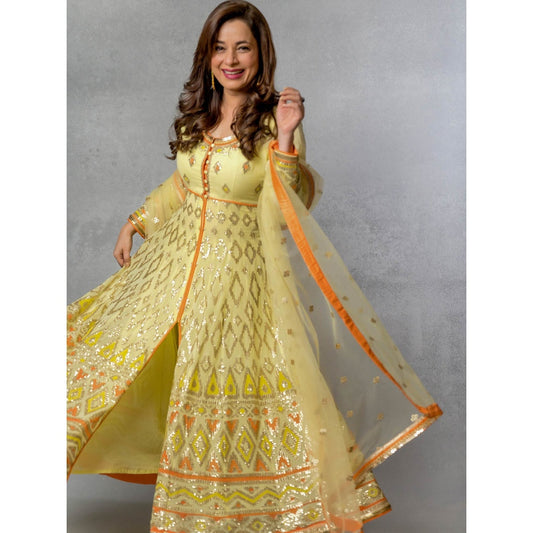 Gopi Vaid Yellow Rabat Anarkali (Set of 3)
