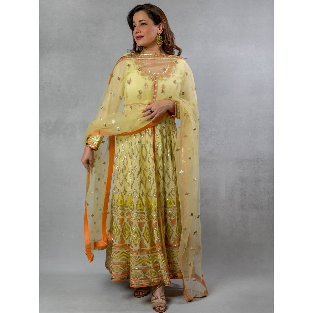 Gopi Vaid Yellow Rabat Anarkali (Set of 3)