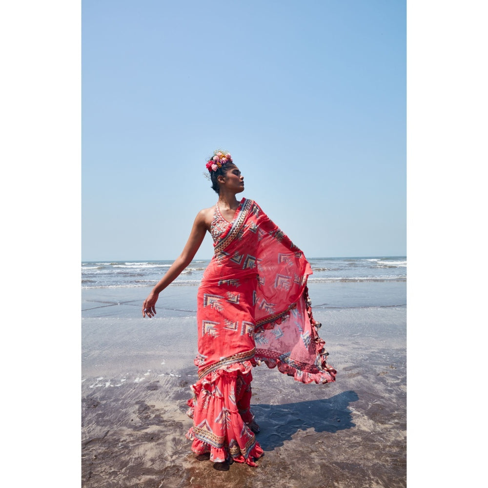 Gopi Vaid Nikita Frill Saree with Halter Stitched Blouse (Set of 2)