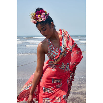 Gopi Vaid Nikita Frill Saree with Halter Stitched Blouse (Set of 2)