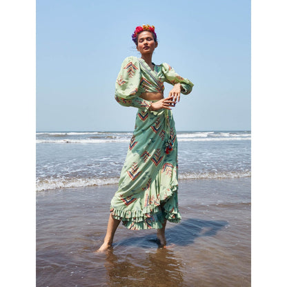 Gopi Vaid Donna Frill Skirt with Wrap Shirt (Set of 2)