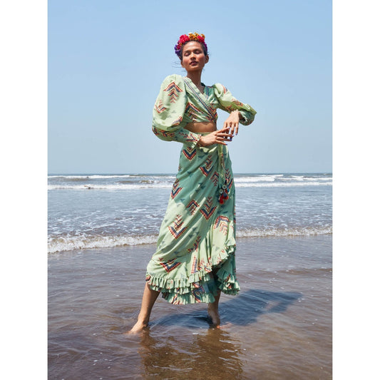 Gopi Vaid Donna Frill Skirt with Wrap Shirt (Set of 2)