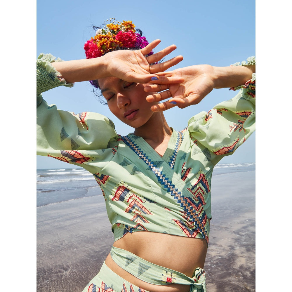 Gopi Vaid Donna Frill Skirt with Wrap Shirt (Set of 2)