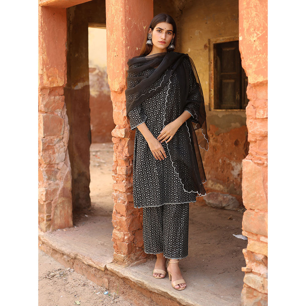Gulabo Jaipur Black Classic Chikan Kurta With Pant And Dupatta (Set Of 3)