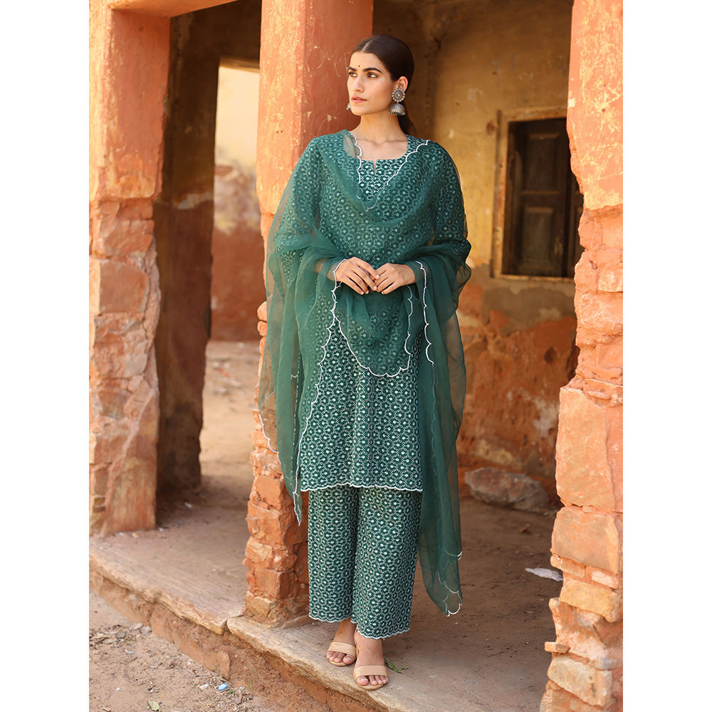 Gulabo Jaipur Green Classic Chikan Kurta With Pant And Dupatta (Set Of 3)