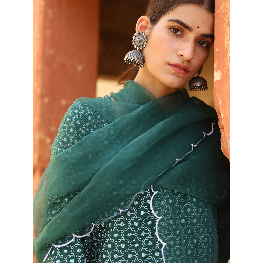 Gulabo Jaipur Green Classic Chikan Kurta With Pant And Dupatta (Set Of 3)