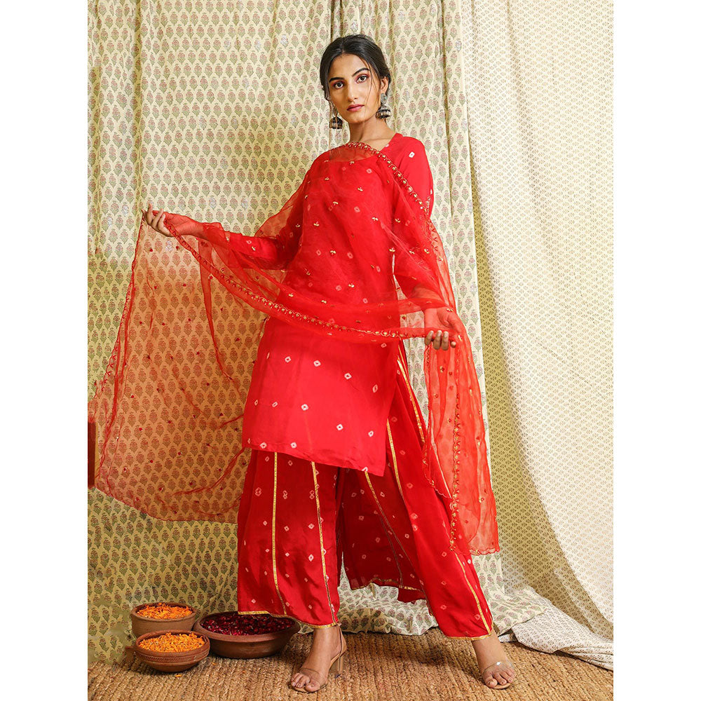 Gulabo Jaipur Red Embroidered Kurta And Pant With Dupatta (Set of 3)