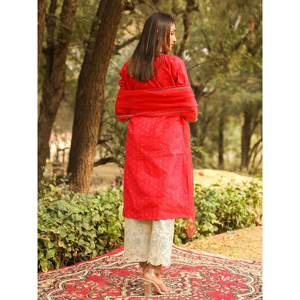 Gulabo Jaipur Red Embroidered Kurta And Pant With Dupatta (Set of 3)