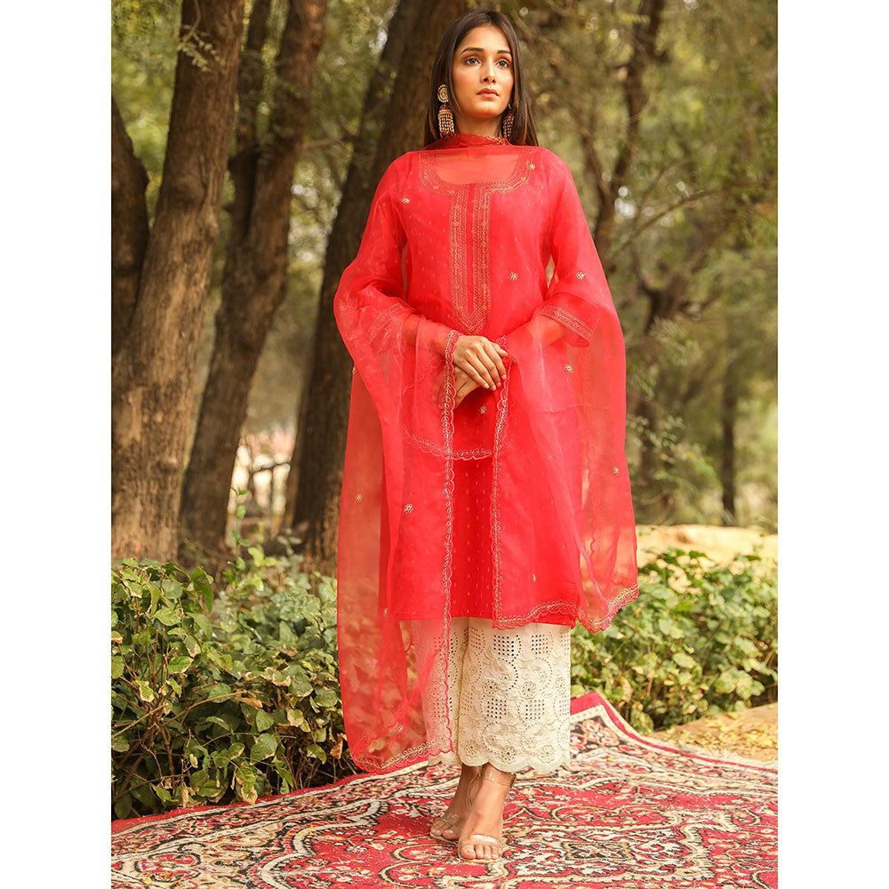 Gulabo Jaipur Red Embroidered Kurta And Pant With Dupatta (Set of 3)