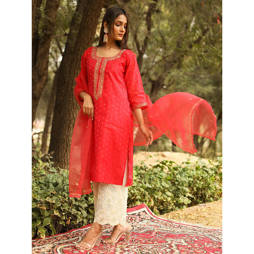 Gulabo Jaipur Red Embroidered Kurta And Pant With Dupatta (Set of 3)