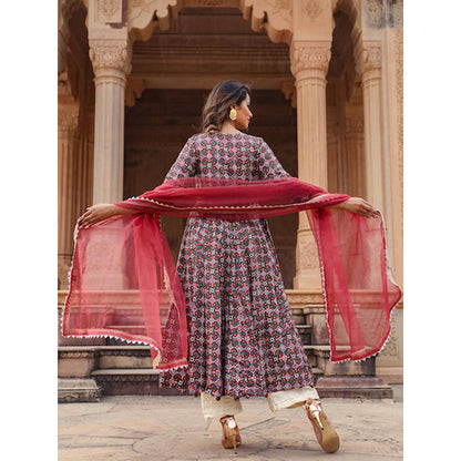 Gulabo Jaipur Red Printed Anarkali And Pant With Dupatta (Set of 3)