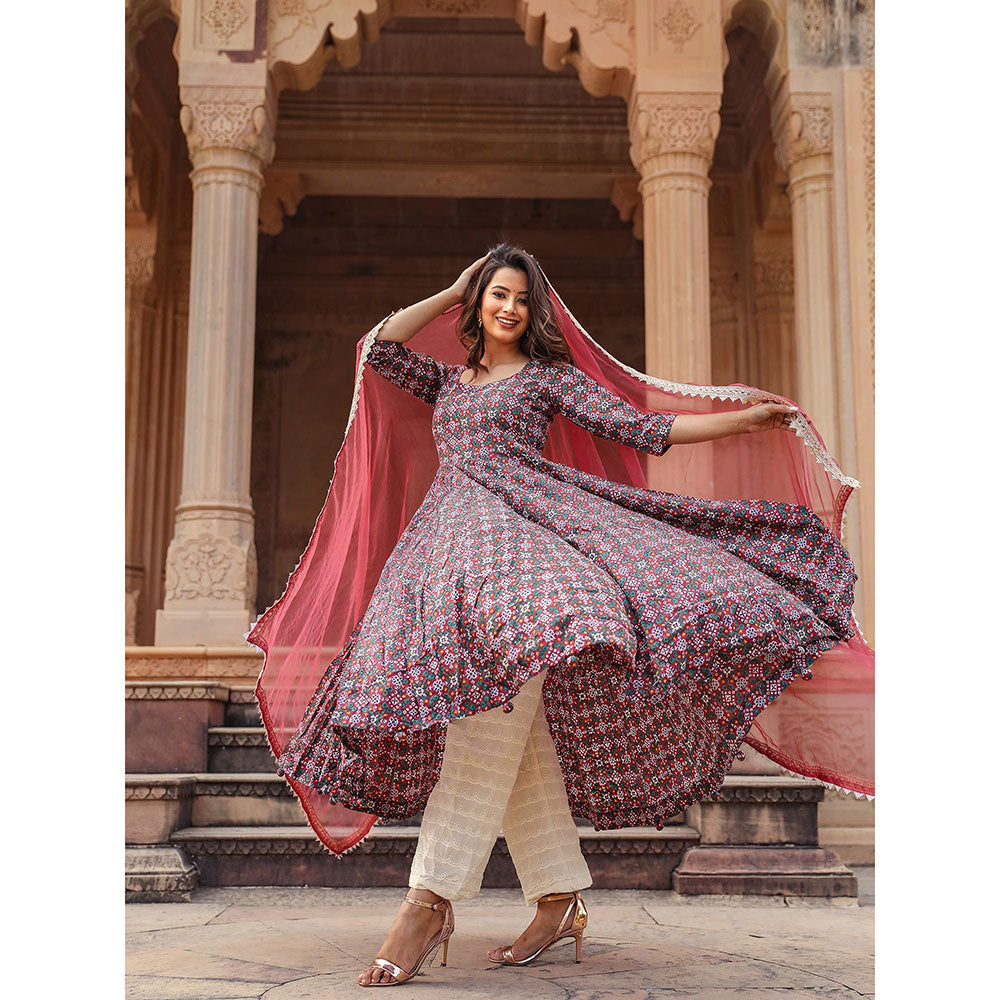 Gulabo Jaipur Red Printed Anarkali And Pant With Dupatta (Set of 3)