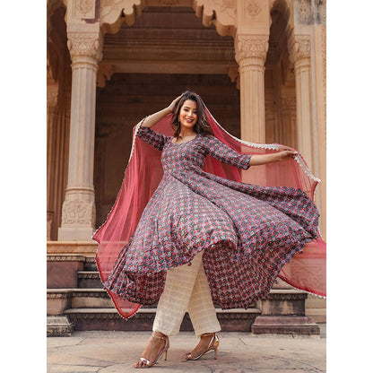 Gulabo Jaipur Red Printed Anarkali And Pant With Dupatta (Set of 3)