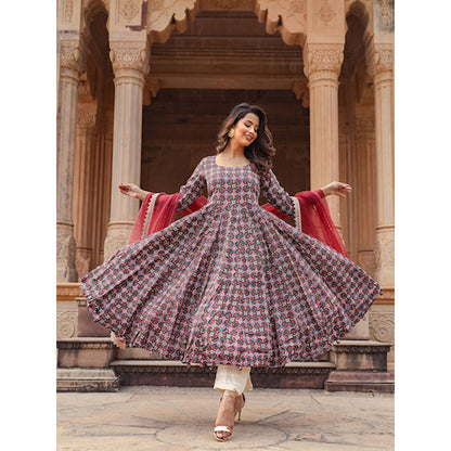 Gulabo Jaipur Red Printed Anarkali And Pant With Dupatta (Set of 3)