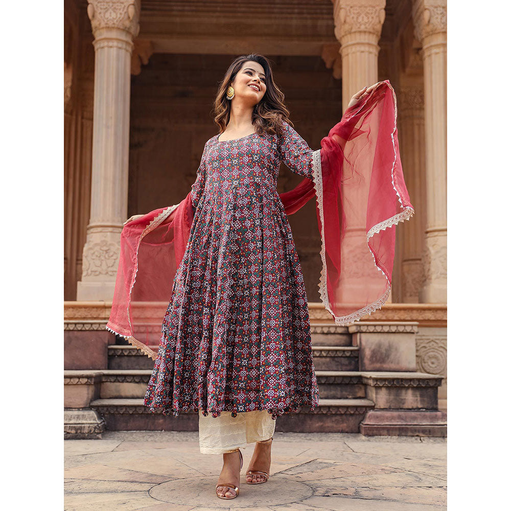 Gulabo Jaipur Red Printed Anarkali And Pant With Dupatta (Set of 3)