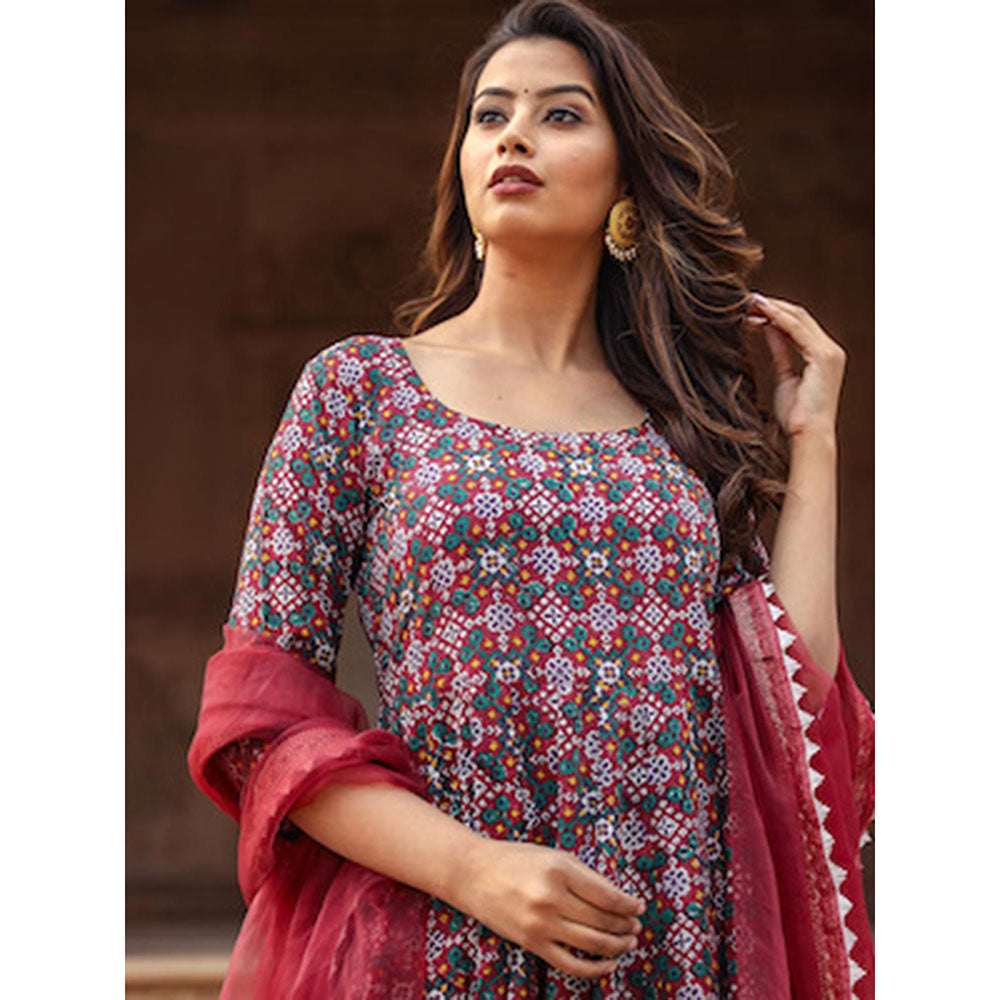 Gulabo Jaipur Red Printed Anarkali And Pant With Dupatta (Set of 3)