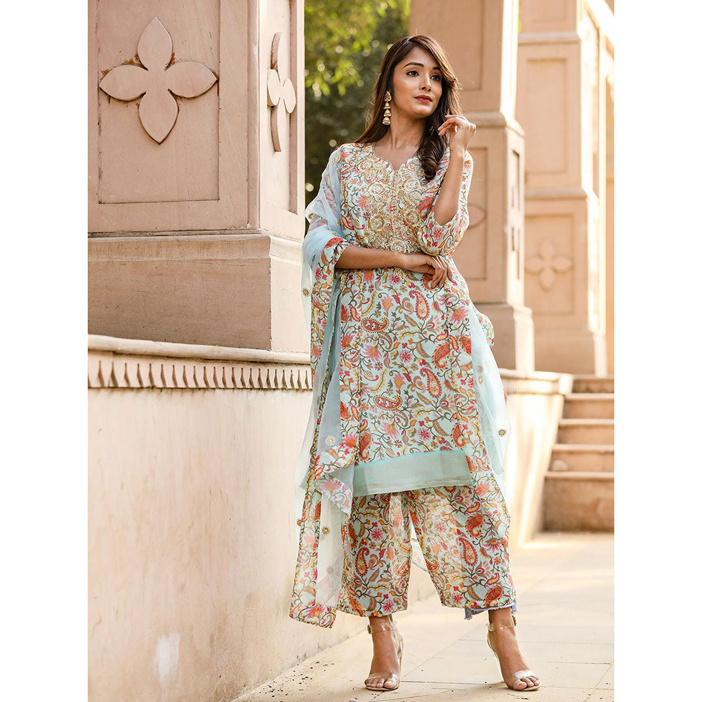 Gulabo Jaipur Blue Embroidered Kurta And Pant With Dupatta (Set of 3)