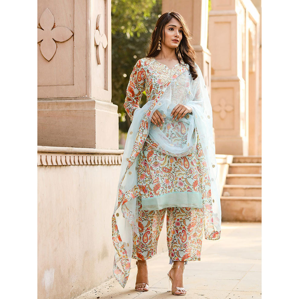 Gulabo Jaipur Blue Embroidered Kurta And Pant With Dupatta (Set of 3)
